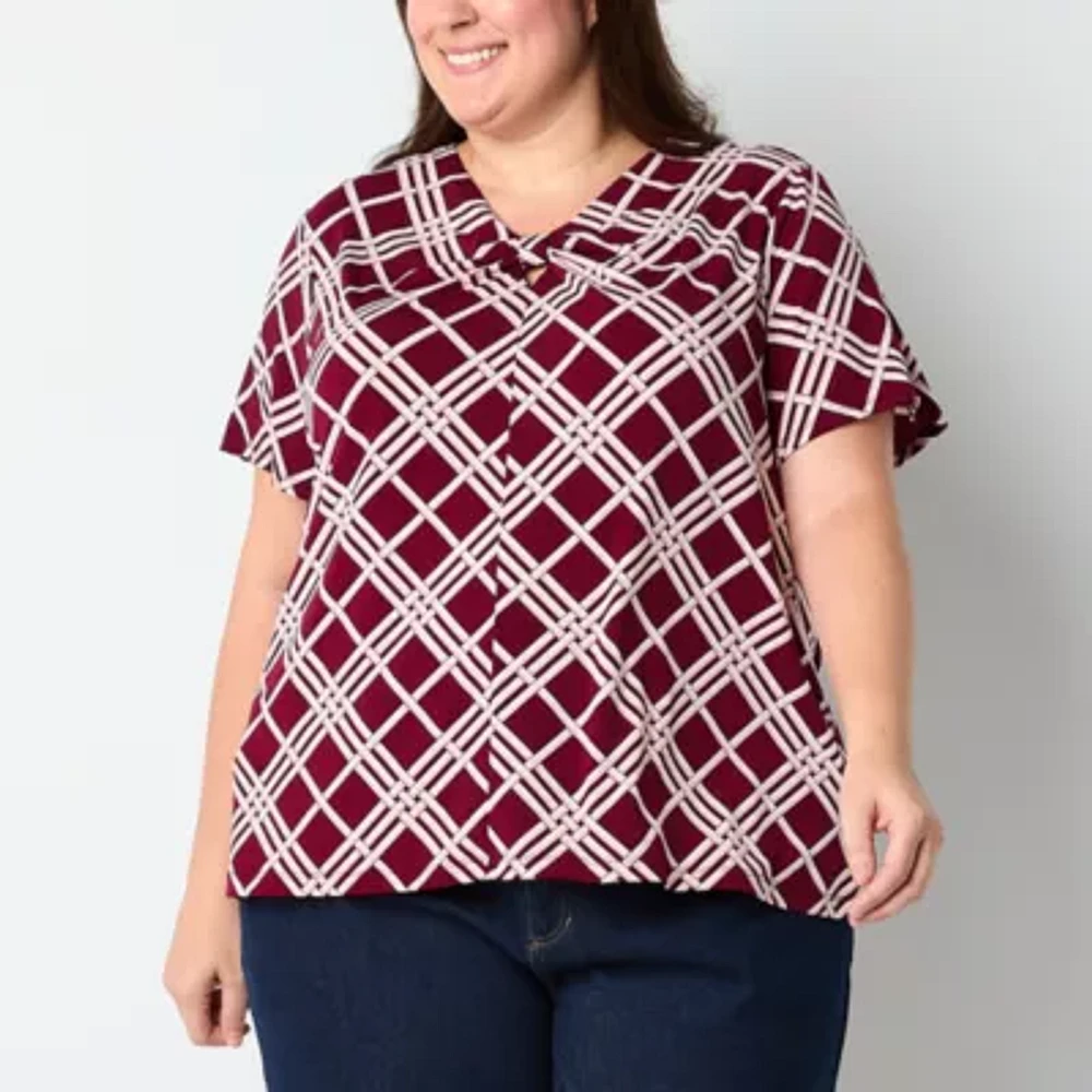 Liz Claiborne Plus Womens Keyhole Neck Short Sleeve Blouse