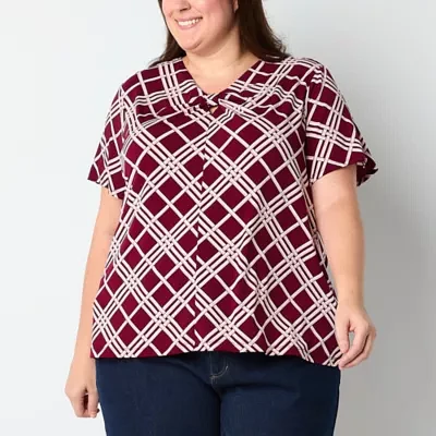 Liz Claiborne Plus Womens Keyhole Neck Short Sleeve Blouse
