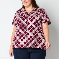 Liz Claiborne Plus Womens Keyhole Neck Short Sleeve Blouse