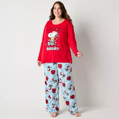 Womens Peanuts Snoopy Plus Crew Neck Long Sleeve 2-pc. Matching Family Pant Pajama Set