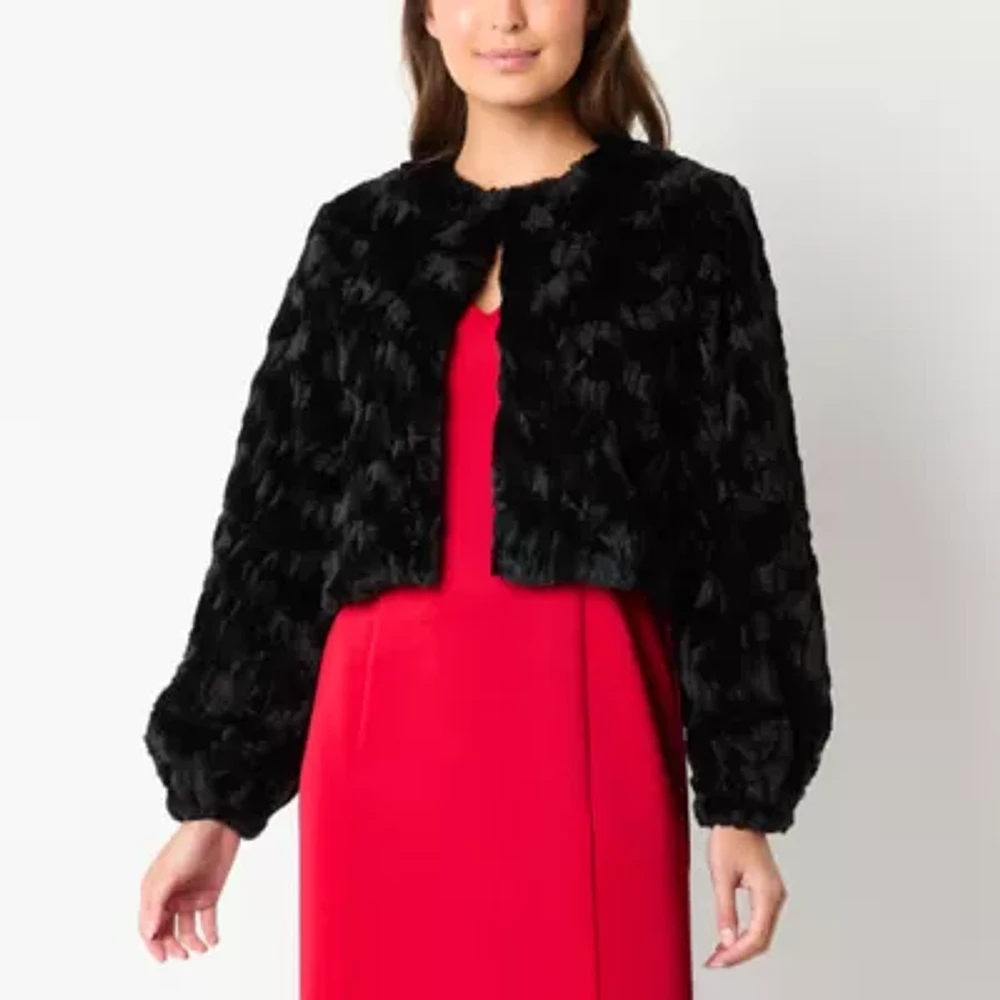 Perceptions Faux Fur Womens Round Neck Long Sleeve Shrug