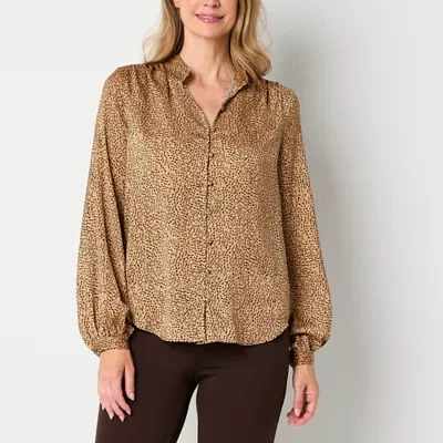 Liz Claiborne Tall Womens V Neck Long Sleeve Satin Blouse