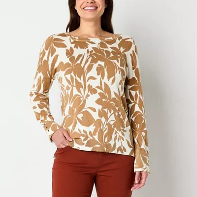 Liz Claiborne Womens Crew Neck Long Sleeve Floral Pullover Sweater