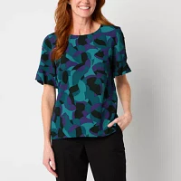 Liz Claiborne Womens Round Neck Short Sleeve Blouse