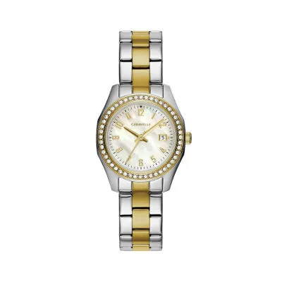 Caravelle Designed By Bulova Womens Crystal Accent Two Tone Stainless Steel Bracelet Watch 45m113