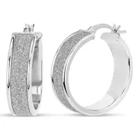 STERLING SILVER RHODIUM 25x7MM GLITTER HOOP EARRINGS