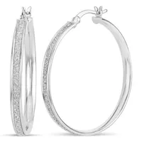 STERLING SILVER RHODIUM 35x2.5MM GLITTER HOOP EARRINGS