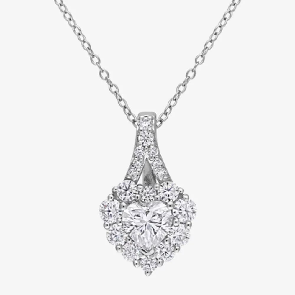 Womens Lab Created White Moissanite Sterling Silver Heart Pendant Necklace