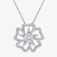 Womens Lab Created White Moissanite Sterling Silver Flower Pendant Necklace