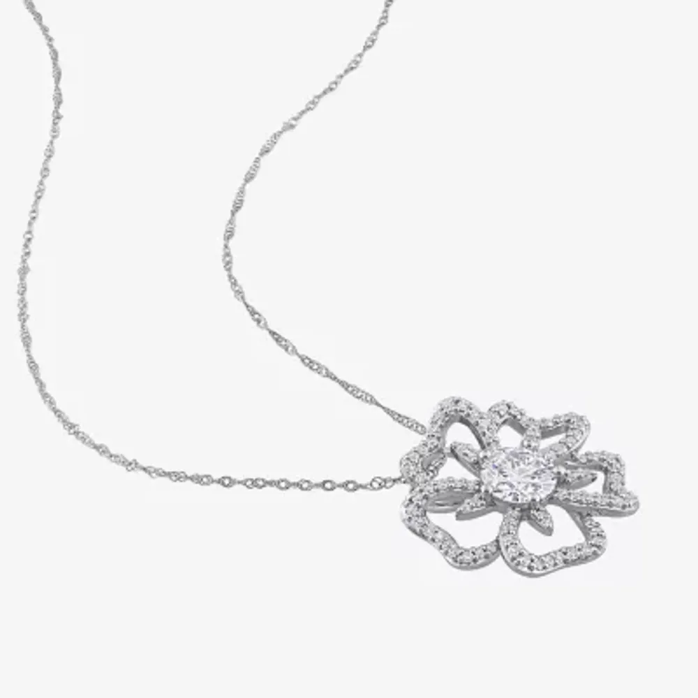 Womens Lab Created White Moissanite Sterling Silver Flower Pendant Necklace