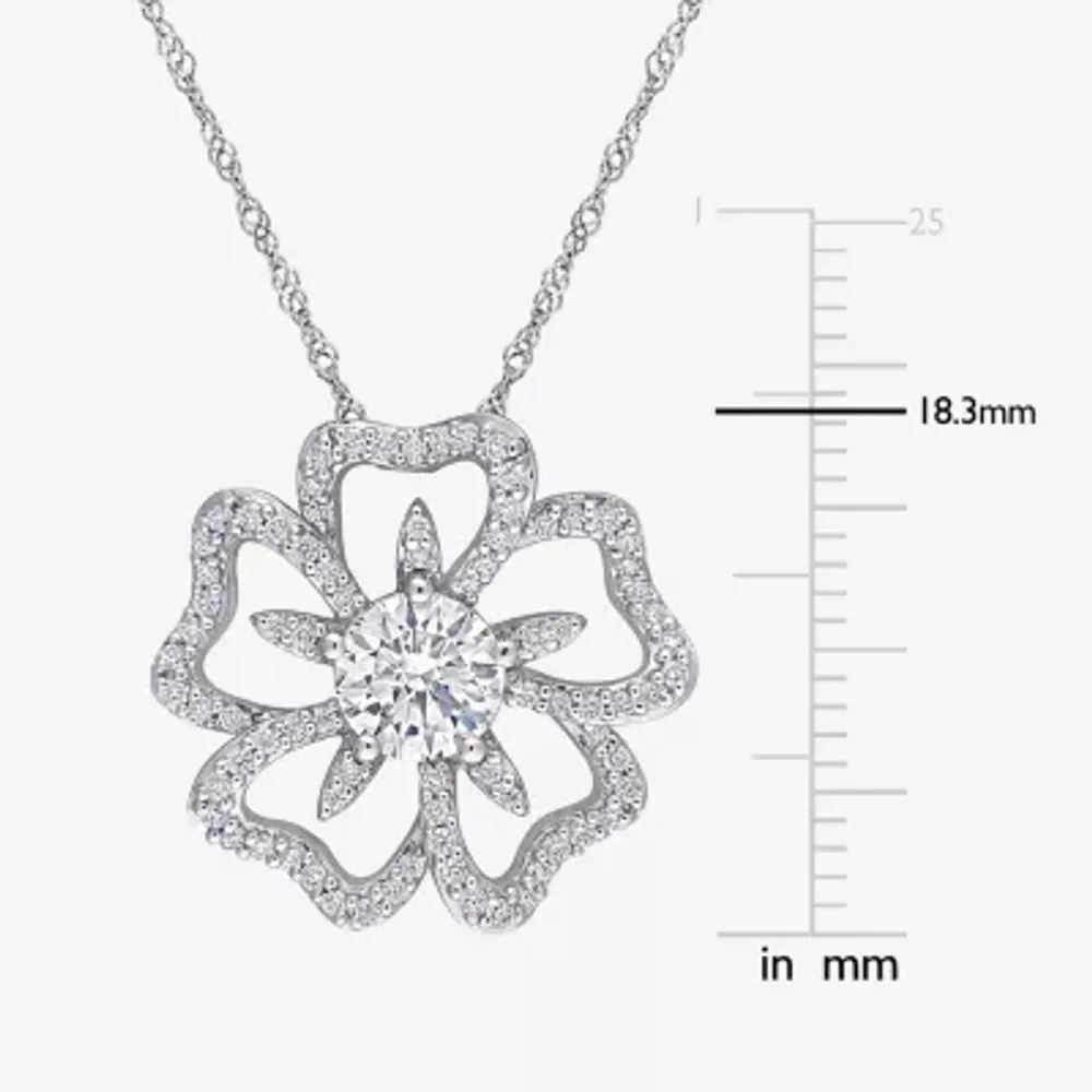 Womens Lab Created White Moissanite Sterling Silver Flower Pendant Necklace