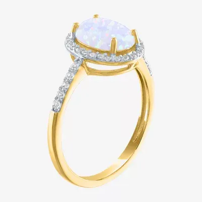 Womens Lab Created White Opal 10K Gold Cocktail Ring