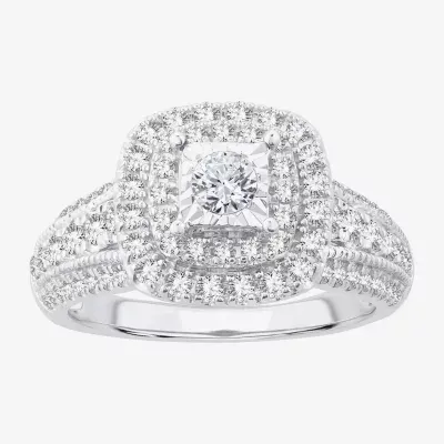 Signature By Modern Bride Womens 1 CT. T.W. Natural White Diamond 14K Gold Cushion Side Stone Halo Engagement Ring