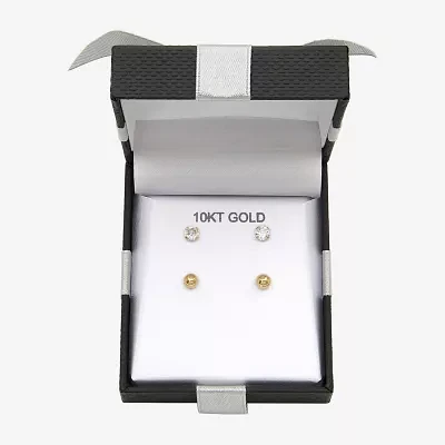 10K Yellow Gold Ball & Cubic Zirconia Stud Earring Set