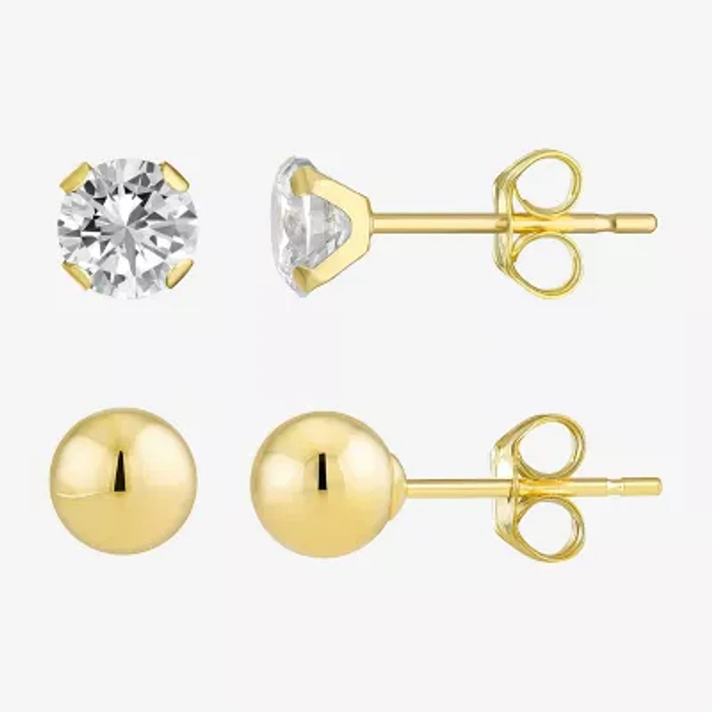 10K Yellow Gold Ball & Cubic Zirconia Stud Earring Set