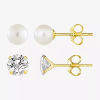 Womens Cubic Zirconia 10K Gold 2 Pair Earring Set