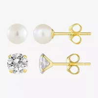 White Cubic Zirconia 10K Gold 2 Pair Earring Set