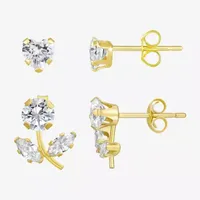 Cubic Zirconia 10K Gold Round Pair Earring Set