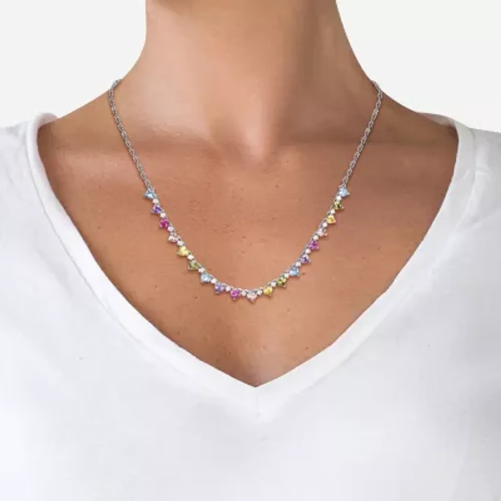 Womens Multi Color Cubic Zirconia Sterling Silver Heart Tennis Necklaces