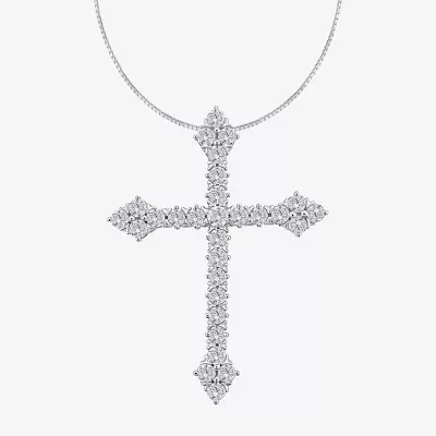 (H / Si2) Womens 1 CT. T.W. Lab Grown White Diamond 10K White Gold Cross Pendant Necklaces