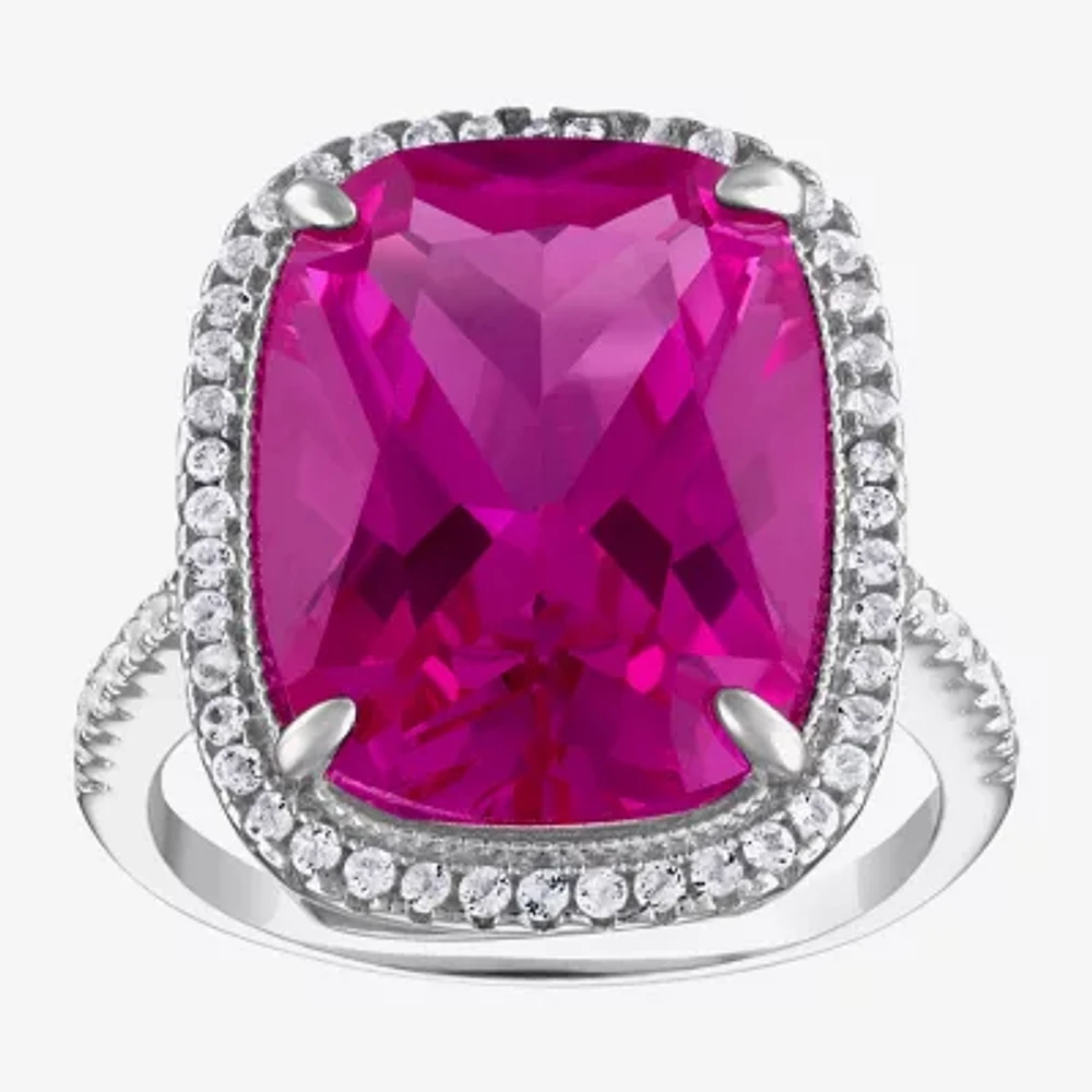 Womens Lab Created Pink Sapphire Sterling Silver Cushion Halo Cocktail Ring