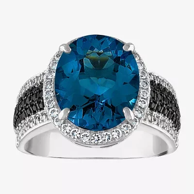 Womens Genuine Blue Topaz Sterling Silver Oval Halo Cocktail Ring