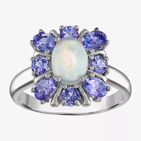 Womens Genuine White Opal Sterling Silver Oval Halo Cocktail Ring