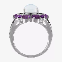 Womens Genuine White Opal Sterling Silver Oval Halo Cocktail Ring