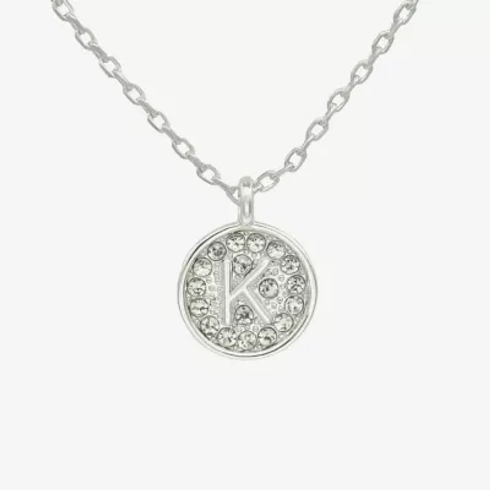 Silver Treasures Initial Womens Crystal Pure Over Brass Round Pendant Necklaces