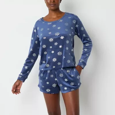 Sleep Chic Womens Velour Long Sleeve Crew Neck 2-pc. Shorts Pajama Set
