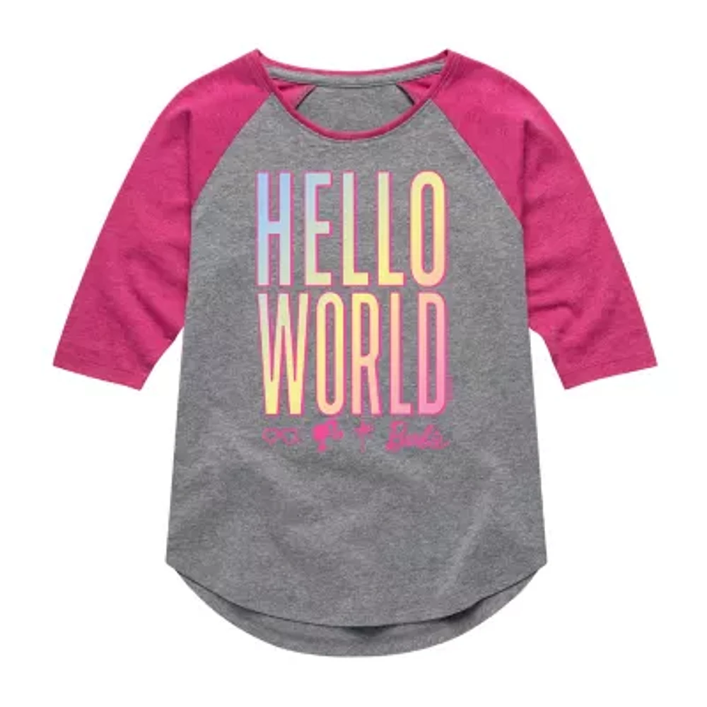 Big Girls Hello World Crew Neck 3/4 Sleeve Barbie T-Shirt