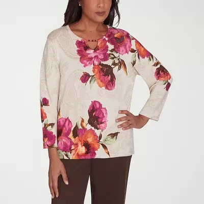 Alfred Dunner Wine Country Womens Split Crew Neck 3/4 Sleeve Floral Pullover Sweater