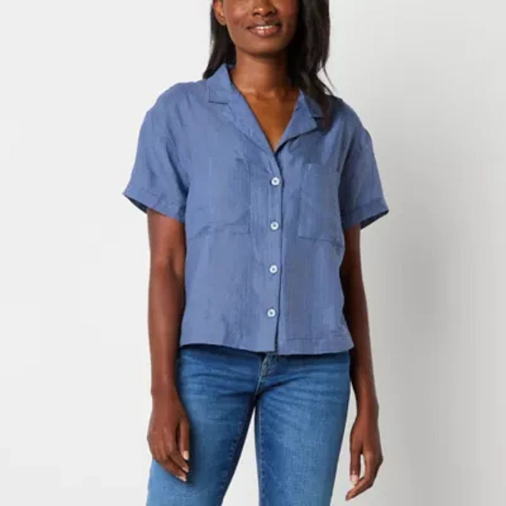 a.n.a Womens Short Sleeve Shine Regular Fit Button-Down Shirt