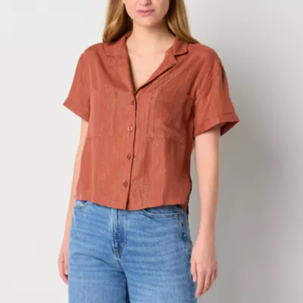 a.n.a Womens Short Sleeve Shine Regular Fit Button-Down Shirt