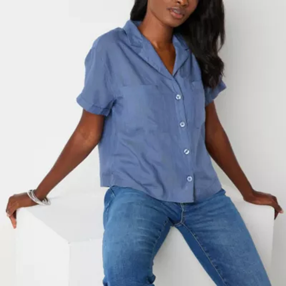 a.n.a Womens Short Sleeve Shine Regular Fit Button-Down Shirt