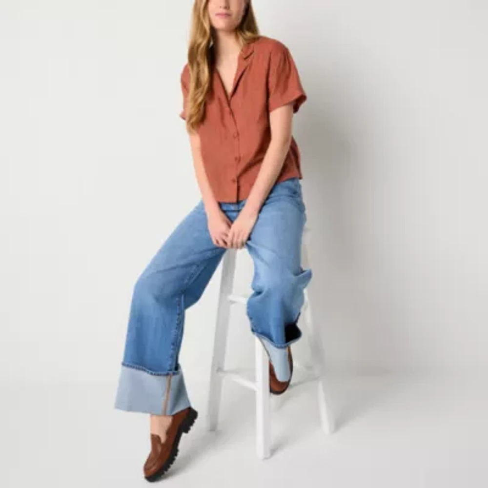 a.n.a Womens Short Sleeve Shine Regular Fit Button-Down Shirt