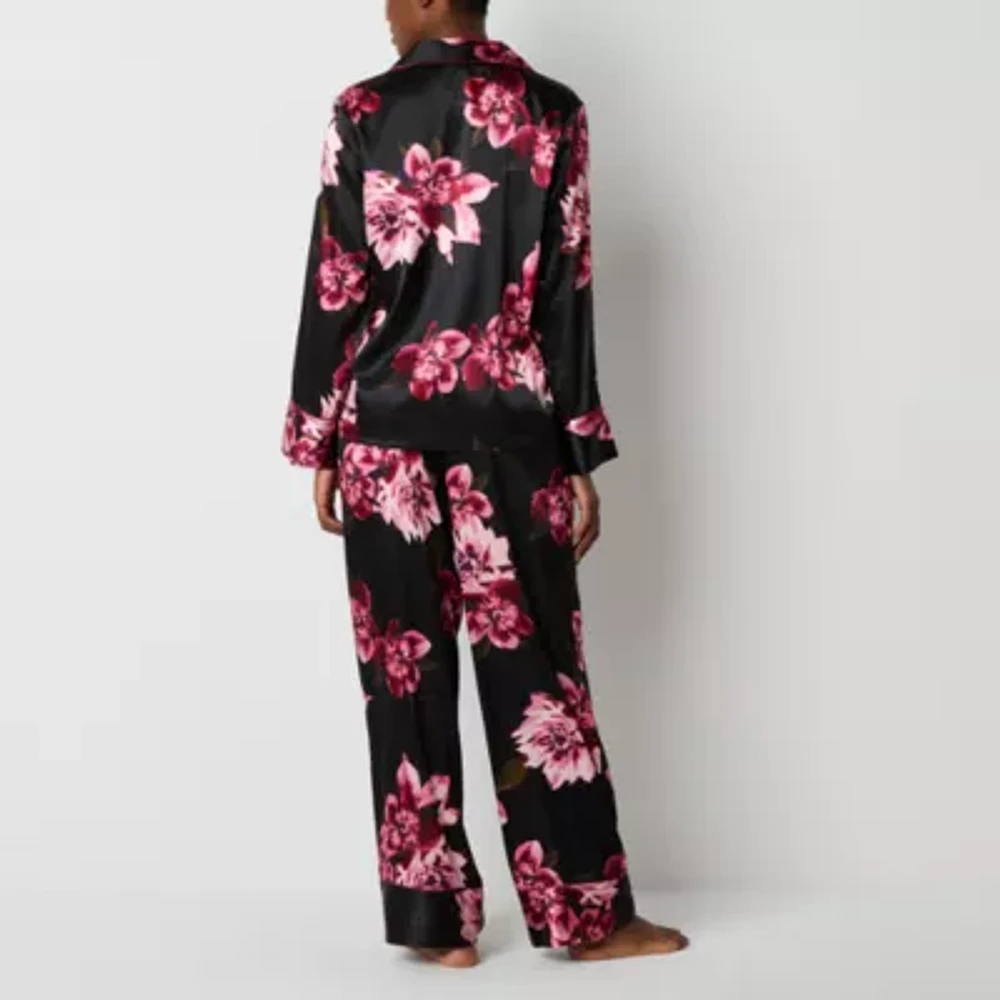 Ambrielle Womens Satin Long Sleeve 2-pc. Pant Pajama Set