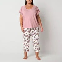 Liz Claiborne Womens Plus Round Neck Short Sleeve 2-pc. Pant Pajama Set