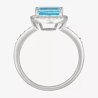 Womens Genuine Blue Topaz Sterling Silver Halo Side Stone Cocktail Ring