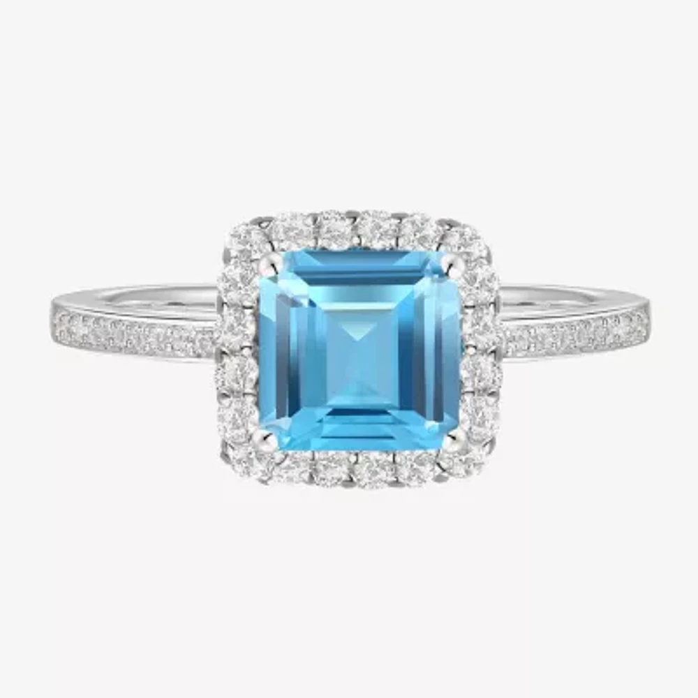 Womens Genuine Blue Topaz Sterling Silver Halo Side Stone Cocktail Ring