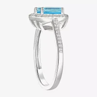 Womens Genuine Blue Topaz Sterling Silver Halo Side Stone Cocktail Ring