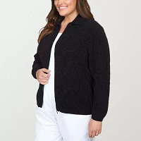 Alfred Dunner Plus Classics Womens Long Sleeve Zipper Cardigan