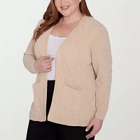 Alfred Dunner Plus Classics Womens Long Sleeve Open Front Cardigan
