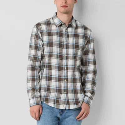 mutual weave Brushed Slub Mens Regular Fit Long Sleeve Plaid Button-Down Shirt