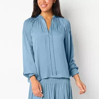 Ryegrass Womens Split Tie Neck Long Sleeve Satin Blouse