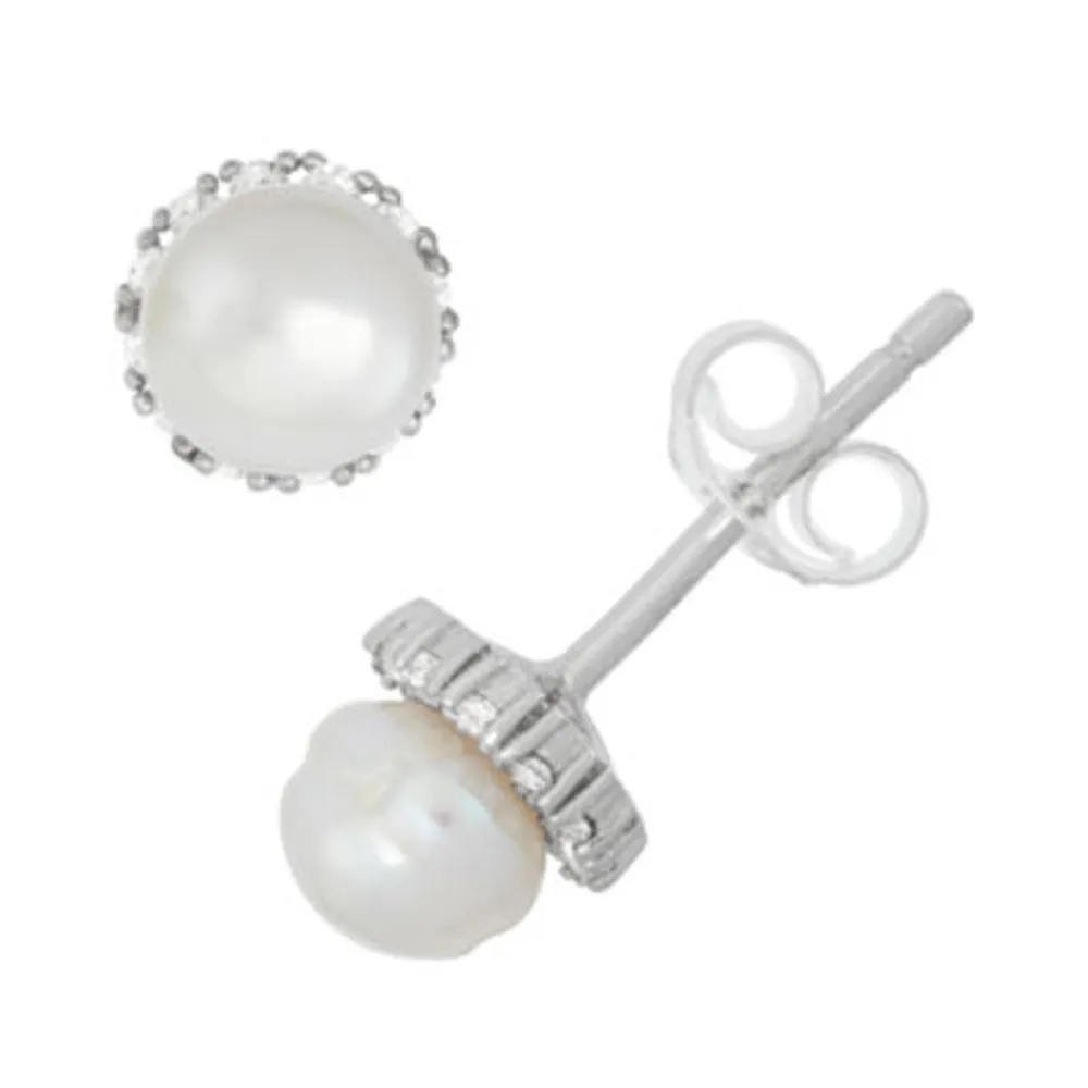 White Cultured Freshwater Pearl Sterling Silver 6.8mm Stud Earrings