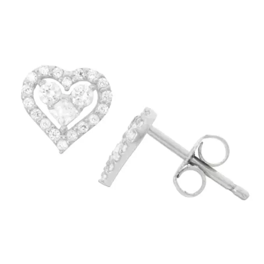 White Cubic Zirconia Sterling Silver 8.7mm Heart Stud Earrings