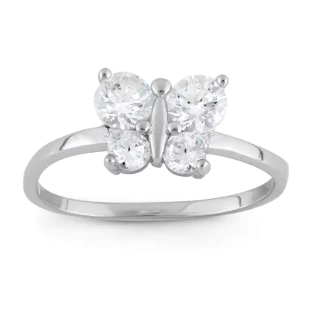 Girls White Cubic Zirconia Sterling Silver Butterfly Delicate Cocktail Ring