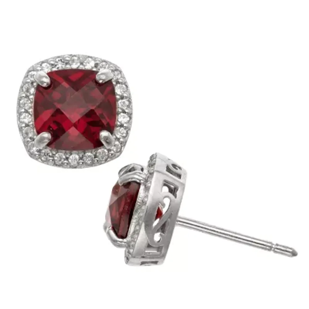 Genuine Red Garnet Sterling Silver 10mm Cushion Stud Earrings