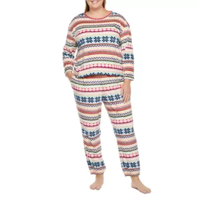 Sleep Chic Velour Womens Plus Crew Neck Long Sleeve 2-pc. Pant Pajama Set